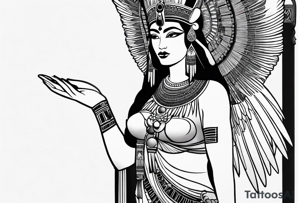 blank and white Egyptian goddess Isis, who is often depicted as a woman with outstretched wings, holding an ankh (a symbol of life) in one hand and a lotus flower in the other. Her headdress often includes a throne or a solar disk. The tattoo design can vary in style and size, but it typically aims to capture the essence of this revered Egyptian deity, emphasizing her beauty, power, and maternal qualities. The choice of colors and additional elements can also be customized to create a unique and visually striking representation of the goddess Isis tattoo idea