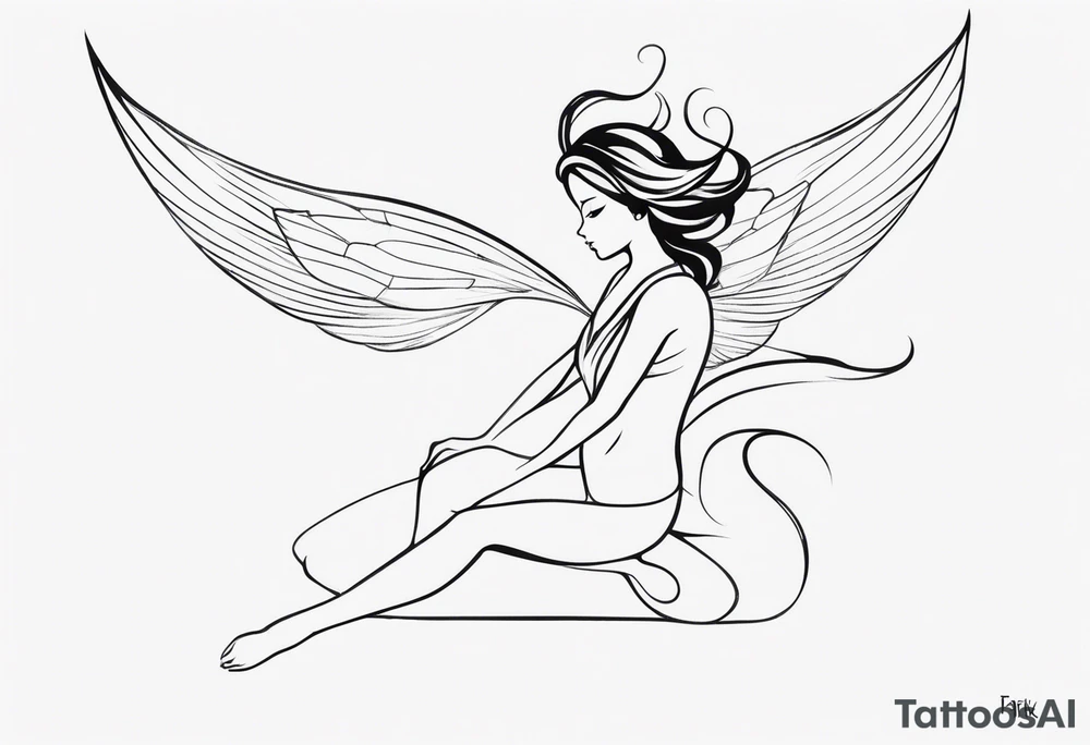 Minimalistic, monochromatic fairy with a tail flying to the left in a fetal position, leaning and looking in the same direction, with visible hands, embodying the 'Fairy Tail' logo aesthetic. tattoo idea