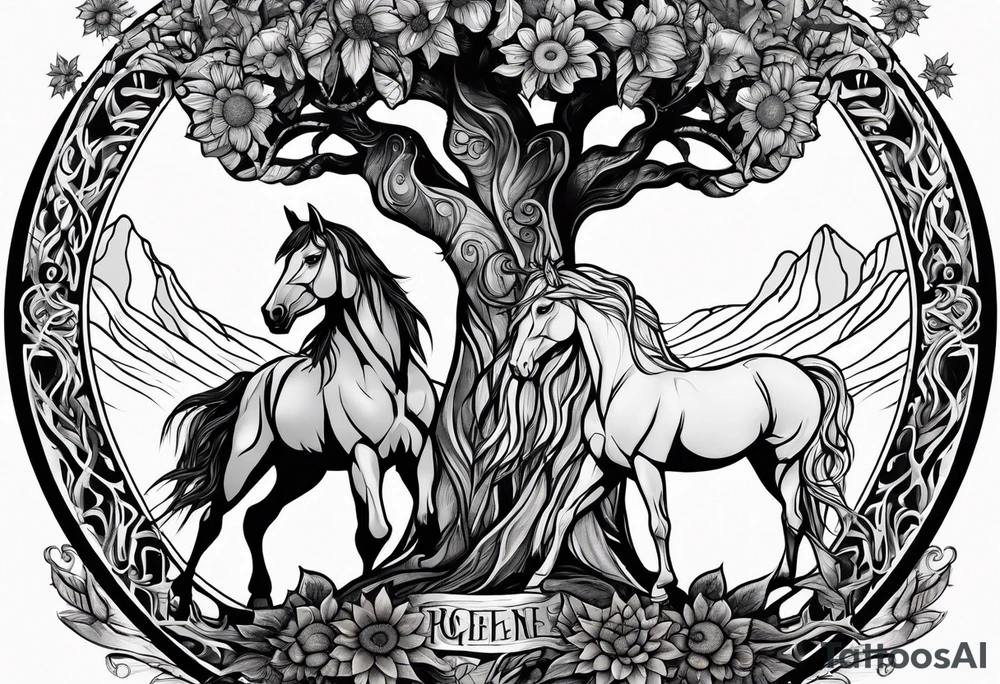 Yggdrasil tree, horse, sunflower tattoo idea