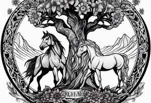 Yggdrasil tree, horse, sunflower tattoo idea