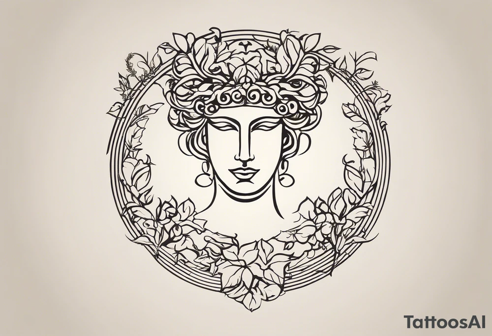 "Create a minimalist tattoo design featuring Dionysus, the Greek god of wine and revelry, with a focus on simplicity and elegance. Consider depicting Dionysus in a stylized form, perhaps using clean lines and geometric shapes to outline his silhouette. Incorporate symbolic elements such as a thyrsus staff or a grapevine to represent his domains of wine and ecstasy. Ensure the design captures Dionysus's essence while maintaining a minimalist aesthetic that reflects the sophistication of ancient Greek art." tattoo idea