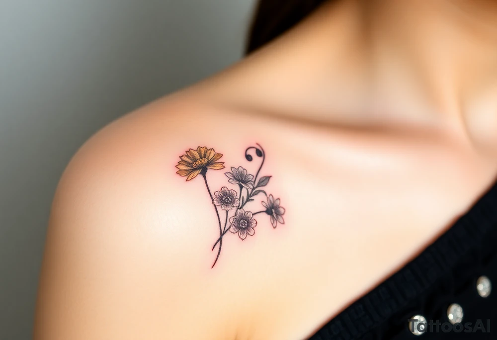 wrist tattoo with marigold, lily of the valley, and chrysanthemum tattoo idea
