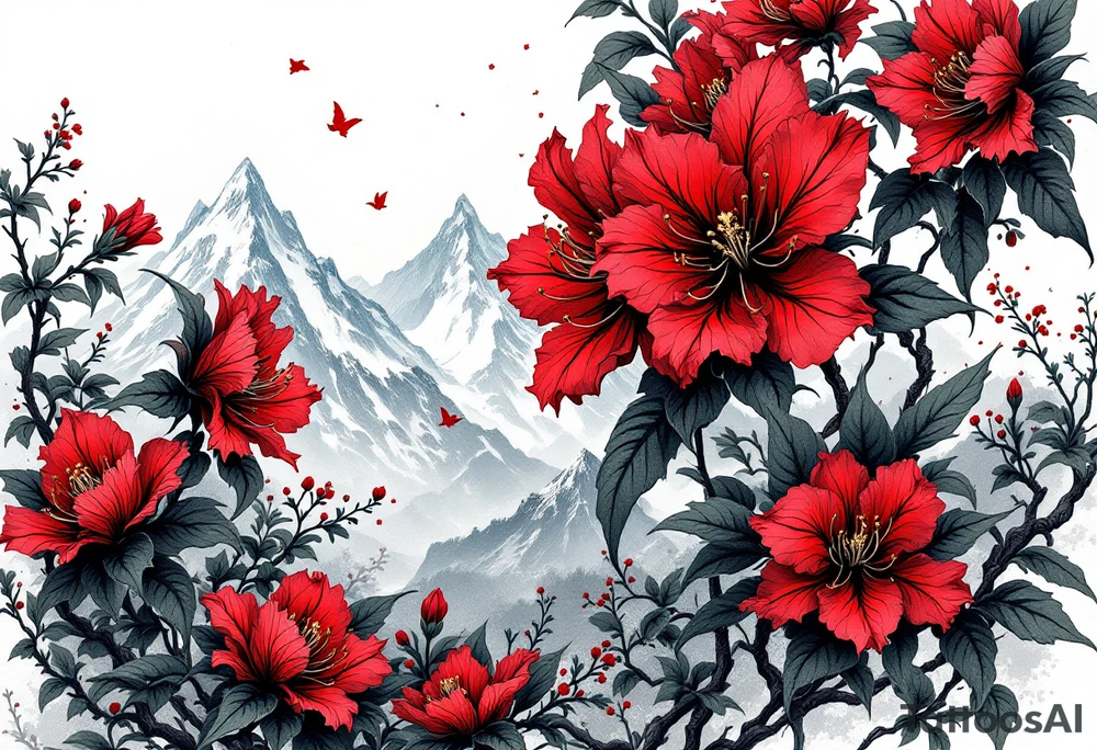 red  and black rhododendron trippy with Himalayas behind tattoo idea