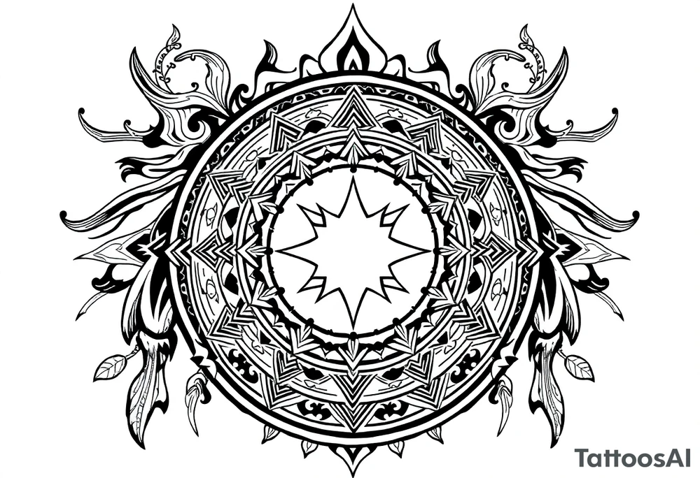 long shaman style mytical bold line with ancient rhyme tattoo idea