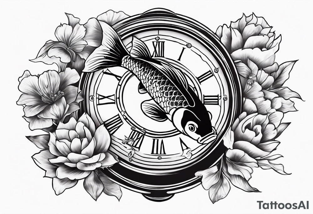 Koi fish and old clock tattoo idea
