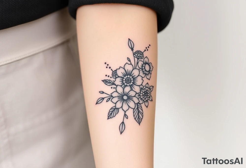 floral composition with japanese vibe, mutiple ornemental patern and leaf tattoo idea