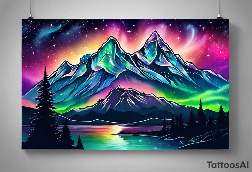 Aurora borealis with mountain and stars tattoo idea
