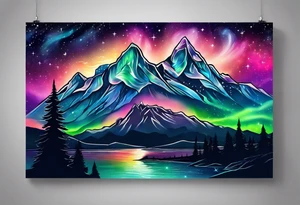 Aurora borealis with mountain and stars tattoo idea