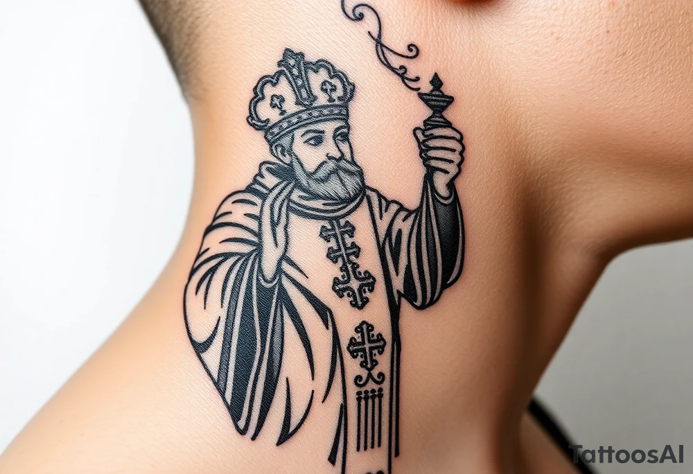 Russian Orthodox Priest in a fully detailed gold vestment swinging a censer with smoke curling upward tattoo idea