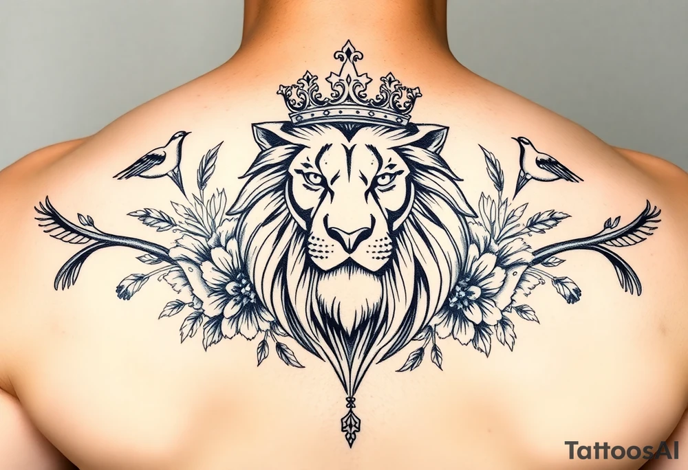 powerful majestic lion with a crown, surrounded by floral ornaments and birds tattoo idea