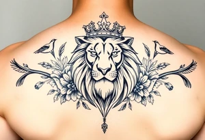 powerful majestic lion with a crown, surrounded by floral ornaments and birds tattoo idea