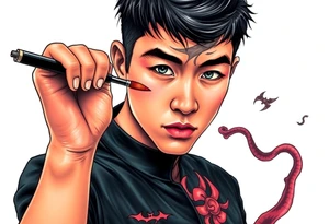 Handsome Asian young guy is putting fighting  make up on protecting from evil tattoo idea