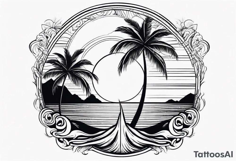 palm tree front of a sun and waves tattoo idea