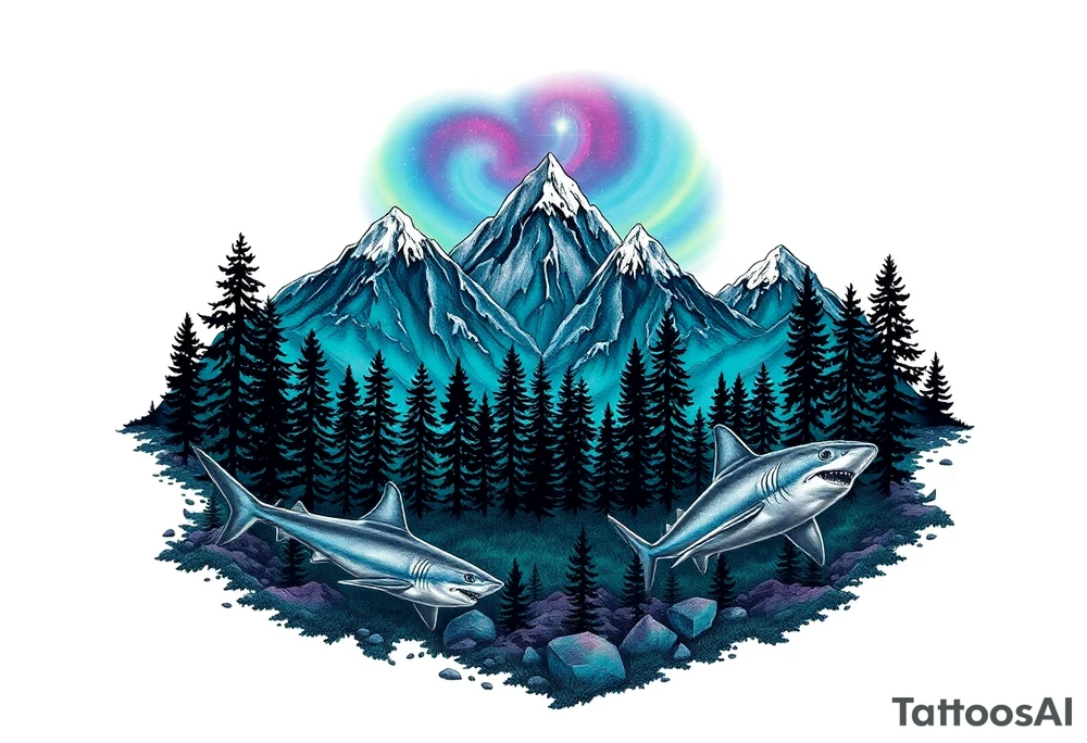 forest mountains under the northen lights with sharks. Contain everything in the shape of Africa tattoo idea