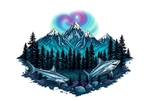 forest mountains under the northen lights with sharks. Contain everything in the shape of Africa tattoo idea