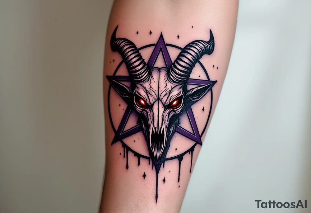 A demonic goat skull with glowing red eyes, placen on to a dark purple pentagram - five pointed star, dripping with shadows. tattoo idea