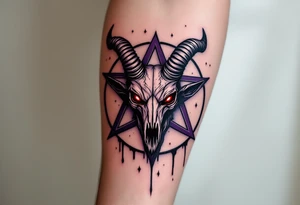 A demonic goat skull with glowing red eyes, placen on to a dark purple pentagram - five pointed star, dripping with shadows. tattoo idea