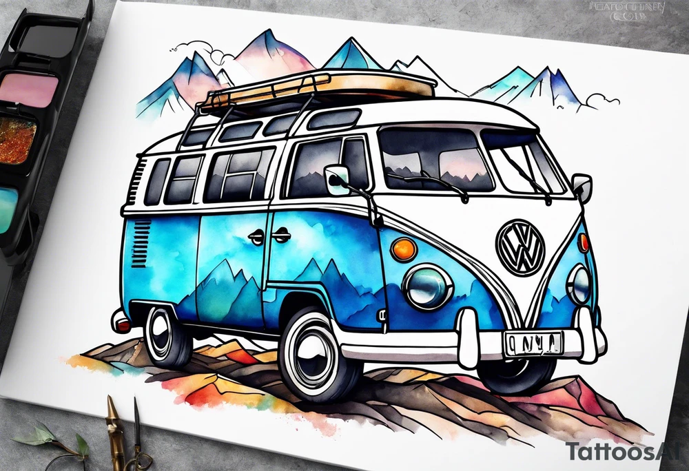 Compass, mountains and VW Komi campervan tattoo idea