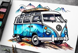Compass, mountains and VW Komi campervan tattoo idea