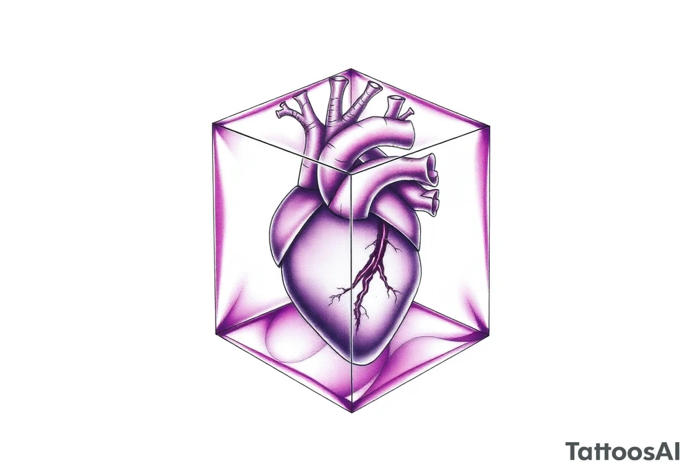 A translucent purple cube with an anatomical heart inside tattoo idea