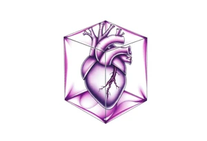 A translucent purple cube with an anatomical heart inside tattoo idea