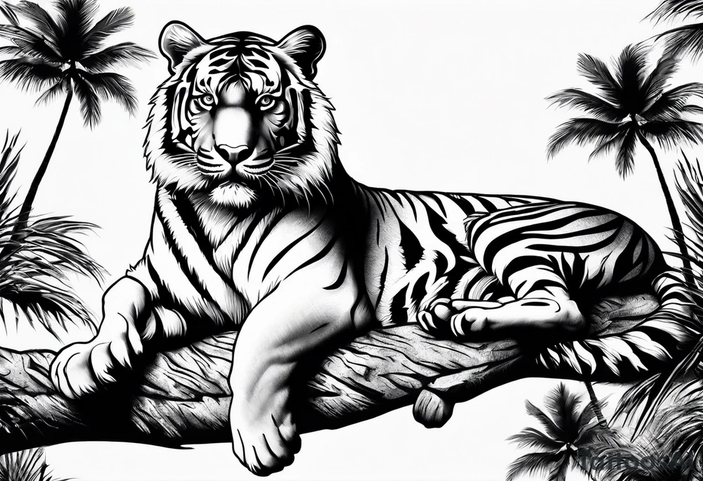 tiger laying on palm tree tattoo idea