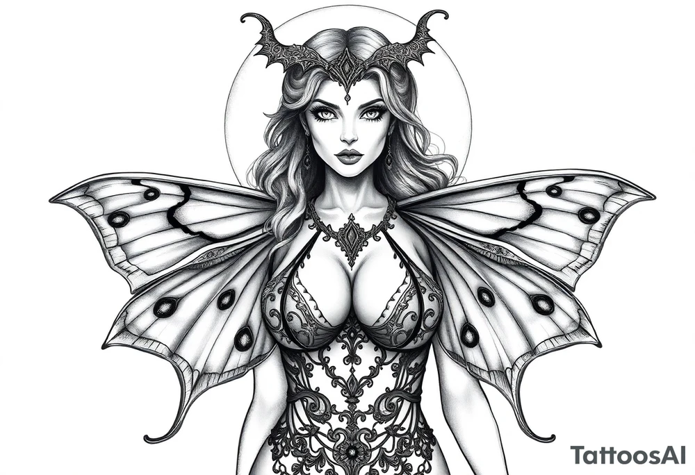 ethereal lunar moth resemblance powerfully sexy depiction of the goddess estate nude full frontal with exotic erotic lingerie orgasmic stare realistic tattoo idea