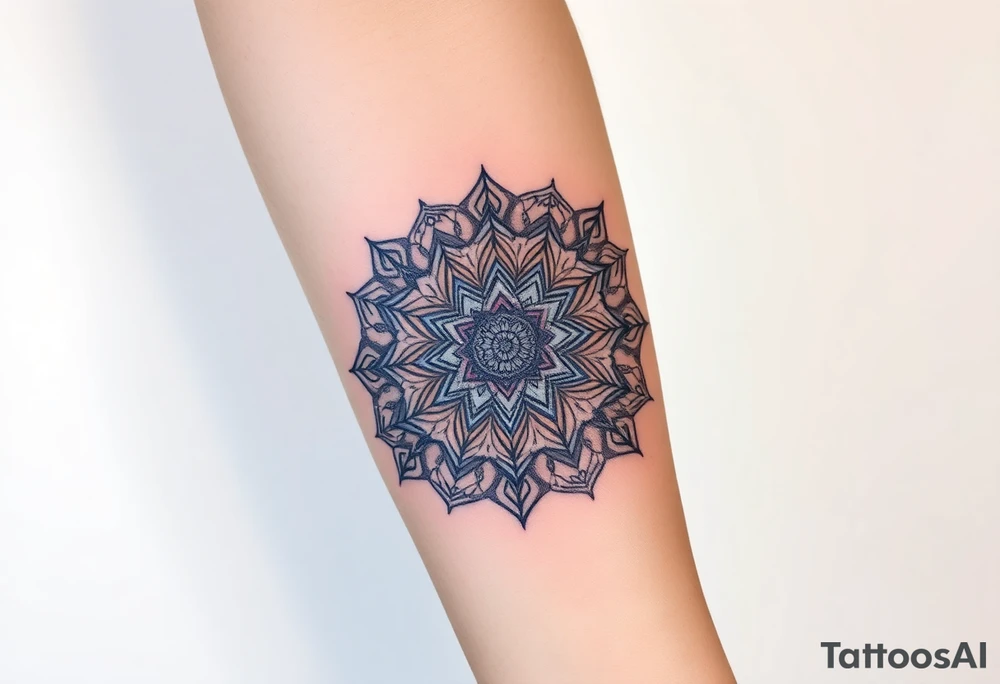 intricate mandala with sacred geometry and cosmic elements and honey combs tattoo idea