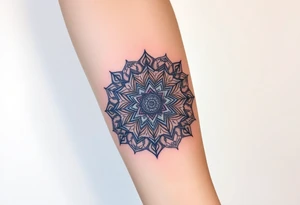 intricate mandala with sacred geometry and cosmic elements and honey combs tattoo idea