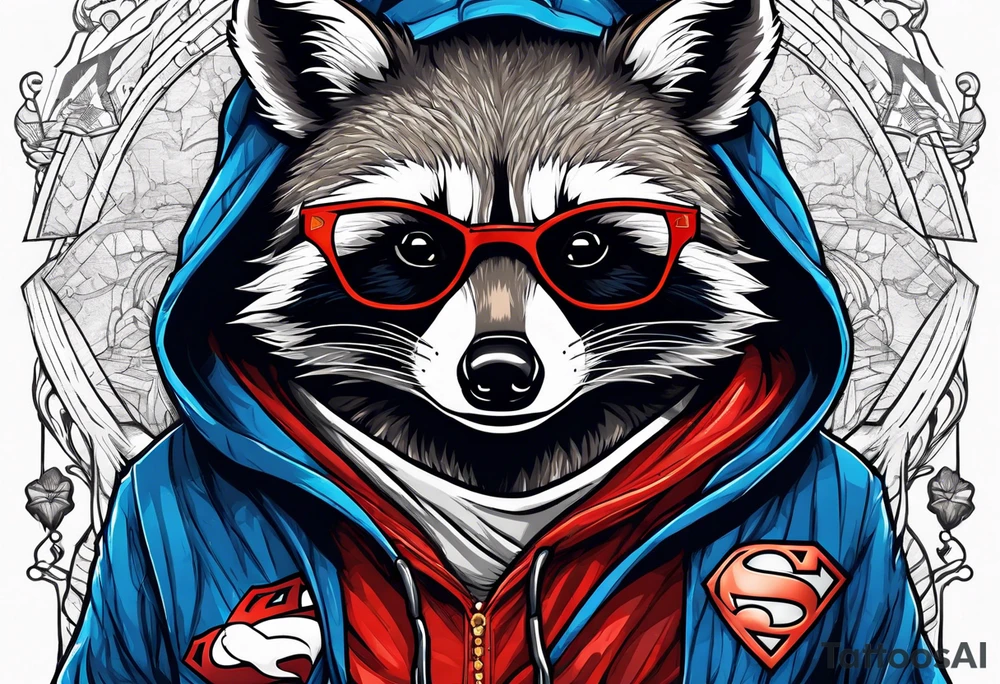 raccoon wearing a Superman hoodie tattoo idea