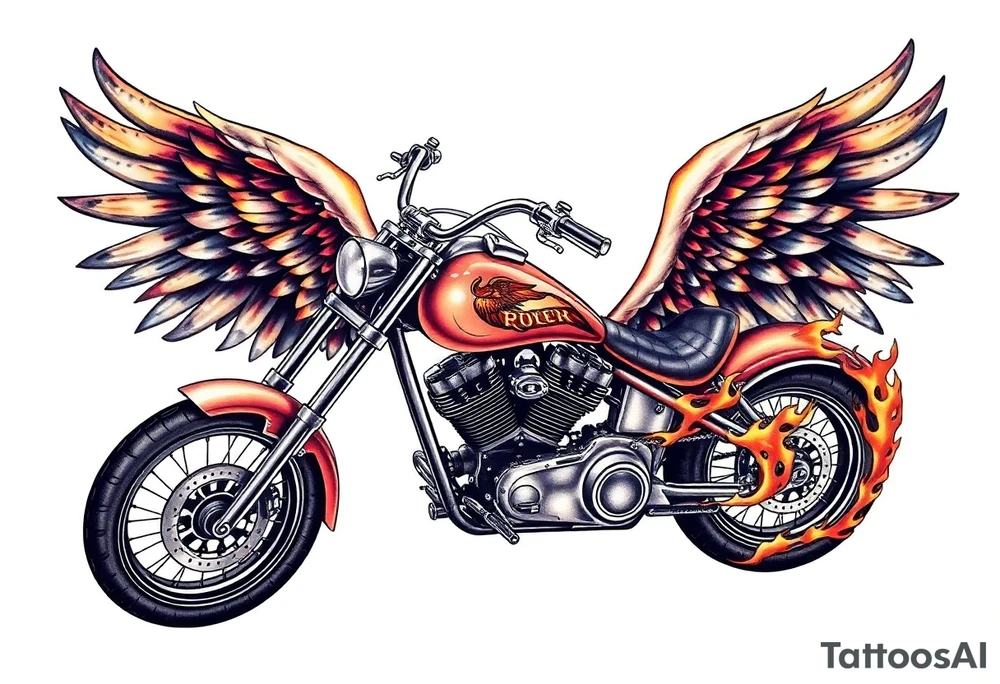 Low rider motorcycle, flames, angel wings tattoo idea
