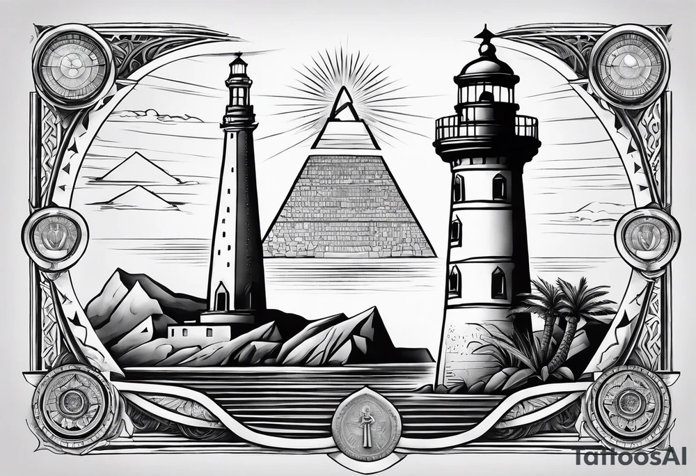Lighthouse of Alexandria with Ankh and Eye of Ra hovering above it, pyramids and obelisk in background, tattoo idea