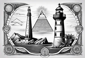 Lighthouse of Alexandria with Ankh and Eye of Ra hovering above it, pyramids and obelisk in background, tattoo idea