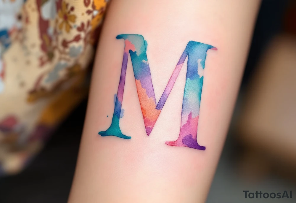 A watercolor "M" in blended shades of teal, lavender, and coral, with a brushstroke effect. tattoo idea