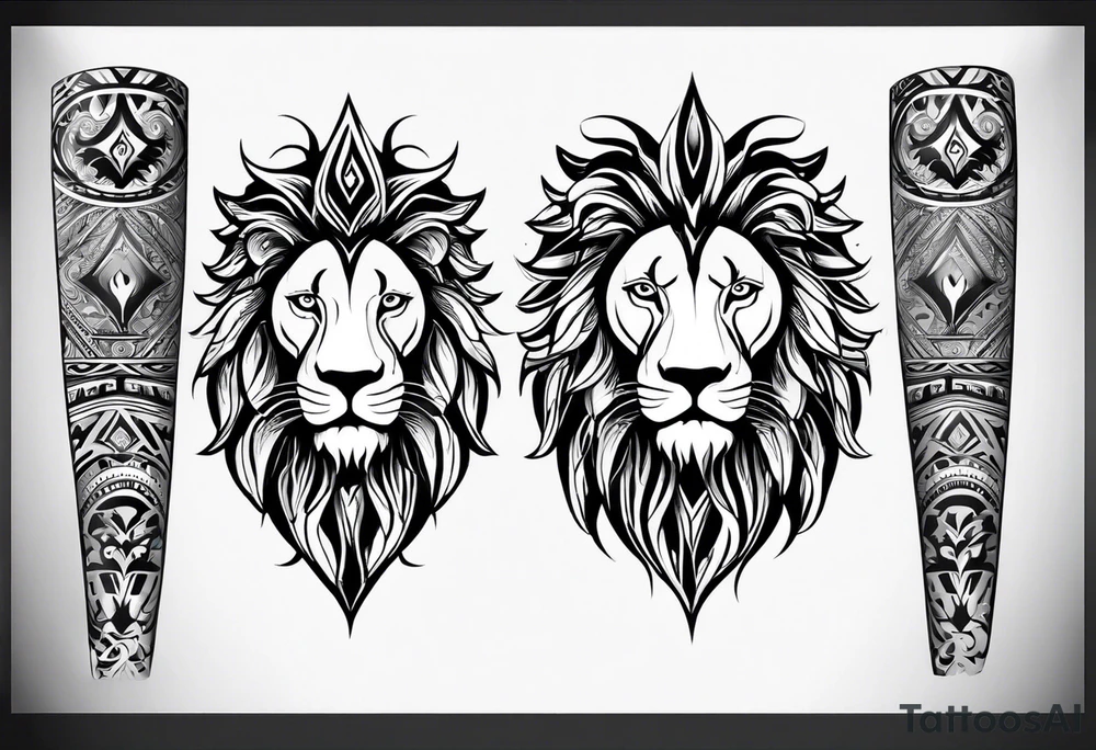 arm sleeve. for a man. tribal tattoo style, symmetric, white background. Include a realistic lion tattoo idea