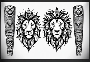 arm sleeve. for a man. tribal tattoo style, symmetric, white background. Include a realistic lion tattoo idea
