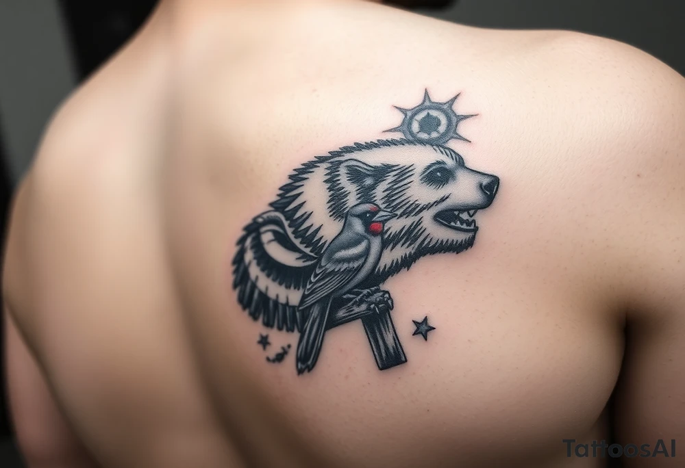 A cover up on the right inner forearm of a bear, a cardinal and a woodpecker tattoo idea