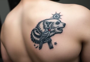 A cover up on the right inner forearm of a bear, a cardinal and a woodpecker tattoo idea