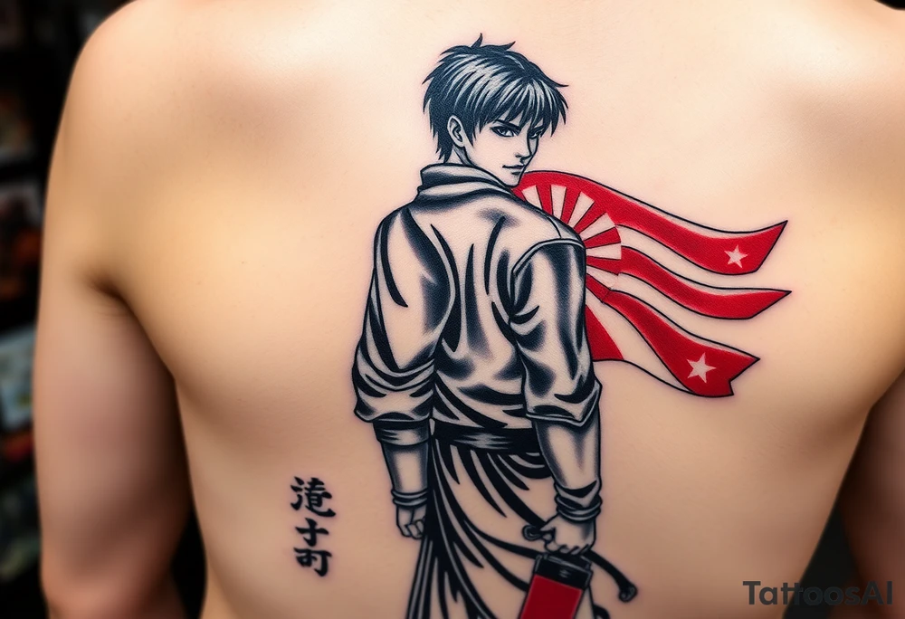ryo hazuki together with shenhua ling from shenmue video game with ancient raising sun japanese flag, identic look, style and clothes as in video game, text: シェンム, contrast colors, forearm and mid size tattoo idea