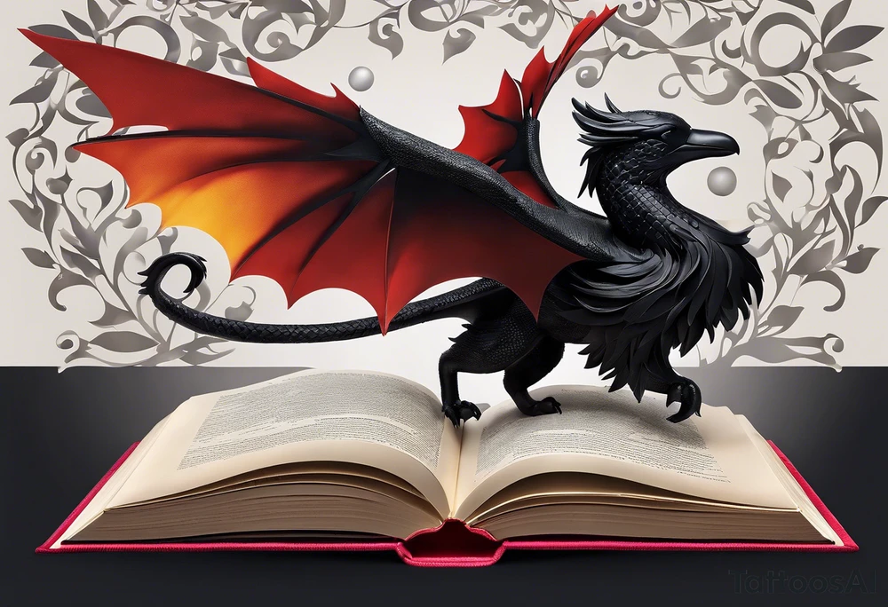 an open book with pages that appear to flutter. Above the book, a delicate small dragon silhouette, spirals in the air. To the right, a pawn chess piece stands proudly.  On the left corner of the book, a majestic raven perched, feathers ruffled by an unseen wind. Below, a vibrant cluster of lavender flowers blooms, with a charming bumblebee tattoo idea
