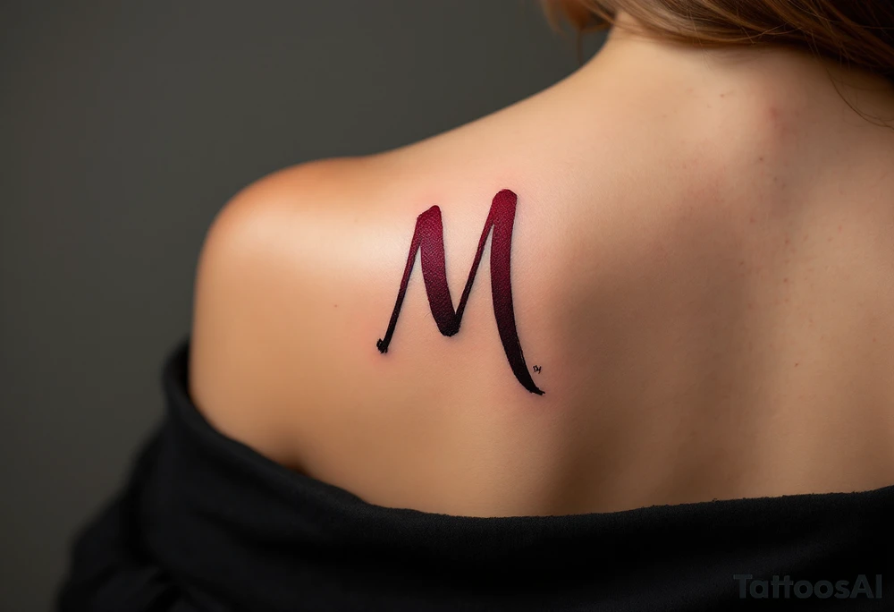 A brush-style "M" in burgundy red, looking bold and spontaneous. tattoo idea