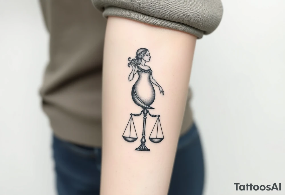 I want a tattoo that combines the Aquarius water bearer and the Libra scales. The water should flow elegantly from the jug, merging into or balancing the scales below. tattoo idea