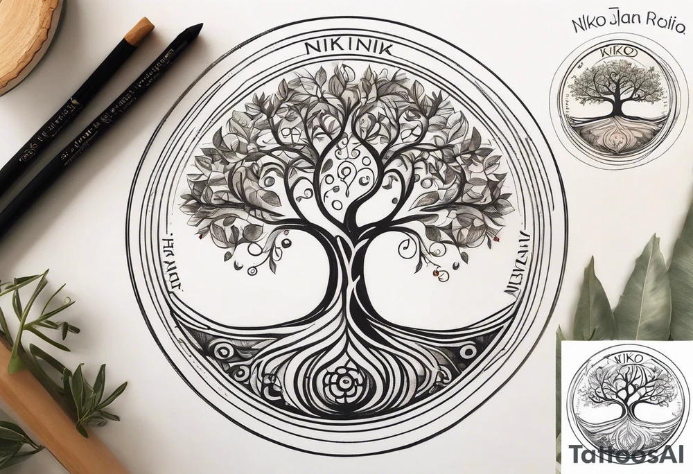 A Tree of Life in a circular design, with the Names Niko and Janina around it. tattoo idea