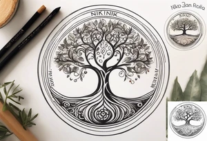A Tree of Life in a circular design, with the Names Niko and Janina around it. tattoo idea