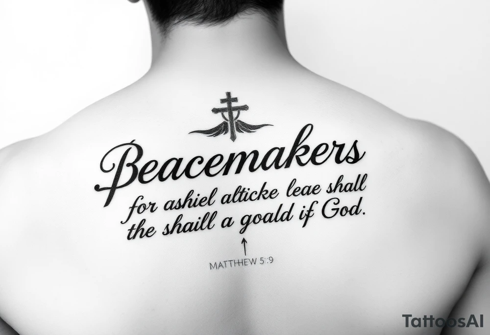 I already have a tatoo on my left pectoral that says Matthew 5:9 6" long and 1" high and want to add "Blessed are the peacemakers for they shall be called the children of God" with some sort of art. tattoo idea