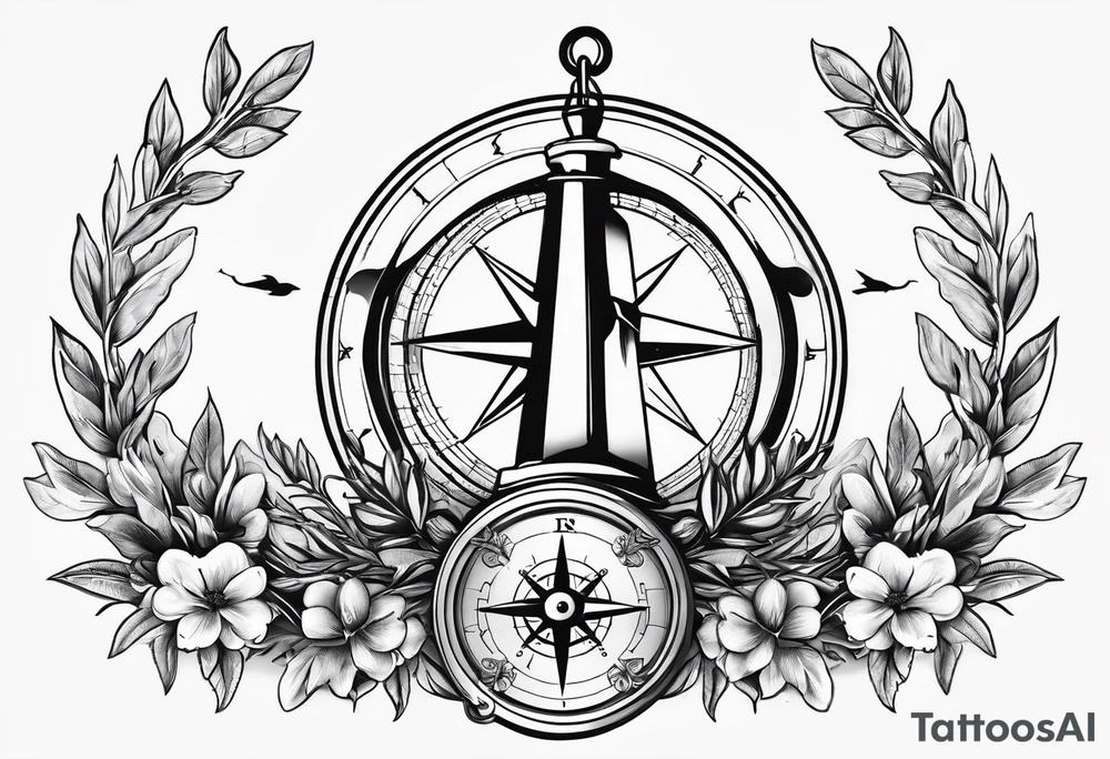 A selucid style anchor in front of a compass and a olive branch wreathe wrapped around the compass tattoo idea