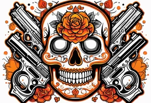 Orange Sugar skull with guns that are orange and red with smoke around it tattoo idea