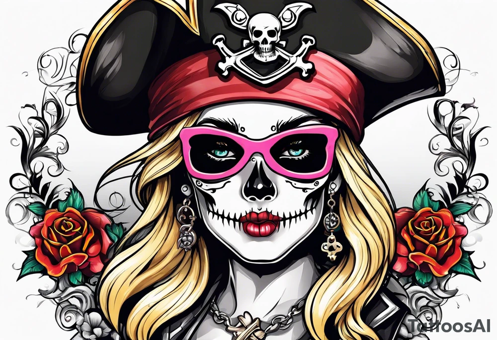 create a feminine pirate skull with two blonde pigtails and crossbones under tattoo idea