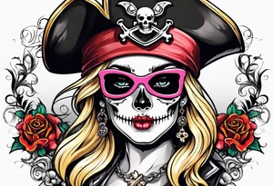 create a feminine pirate skull with two blonde pigtails and crossbones under tattoo idea