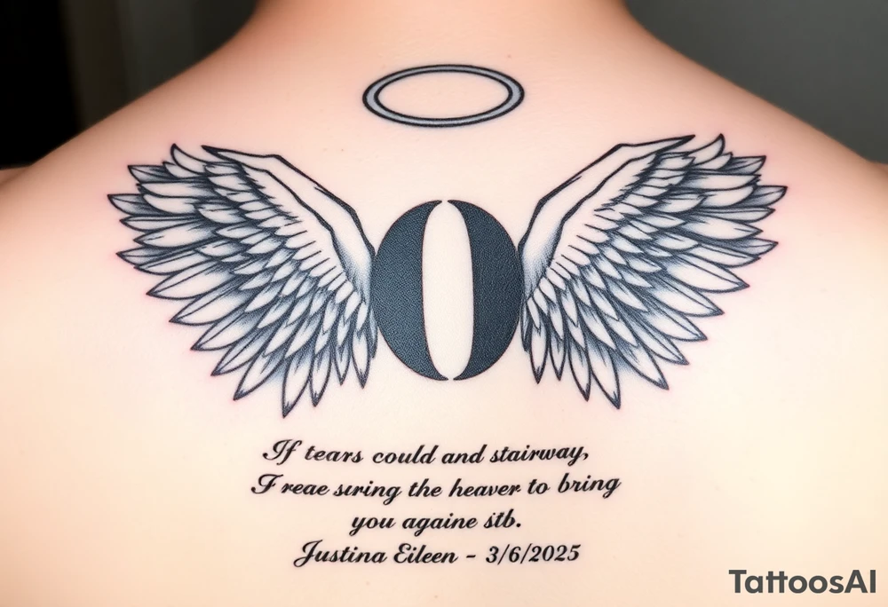 A semicolon intertwined with angel wings and a halo. At the bottom add this quote "If tears could build a stairway, and memories a lane, I'd walk right up to heaven and bring you home again." And also add my mother's name somewhere (Justina Eileen) and these dates 7/10/1984 - 3/6/2025 tattoo idea